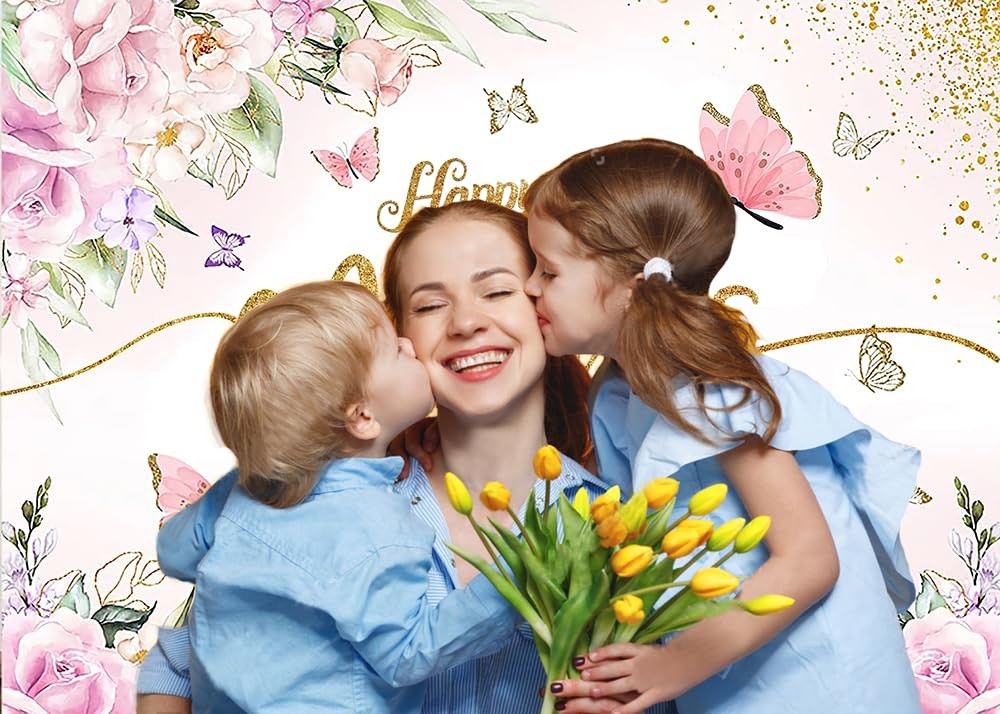 7x5ft Happy Mother’s Day Backdrop Floral Golden Dots Mother’s Day Birthday Photo