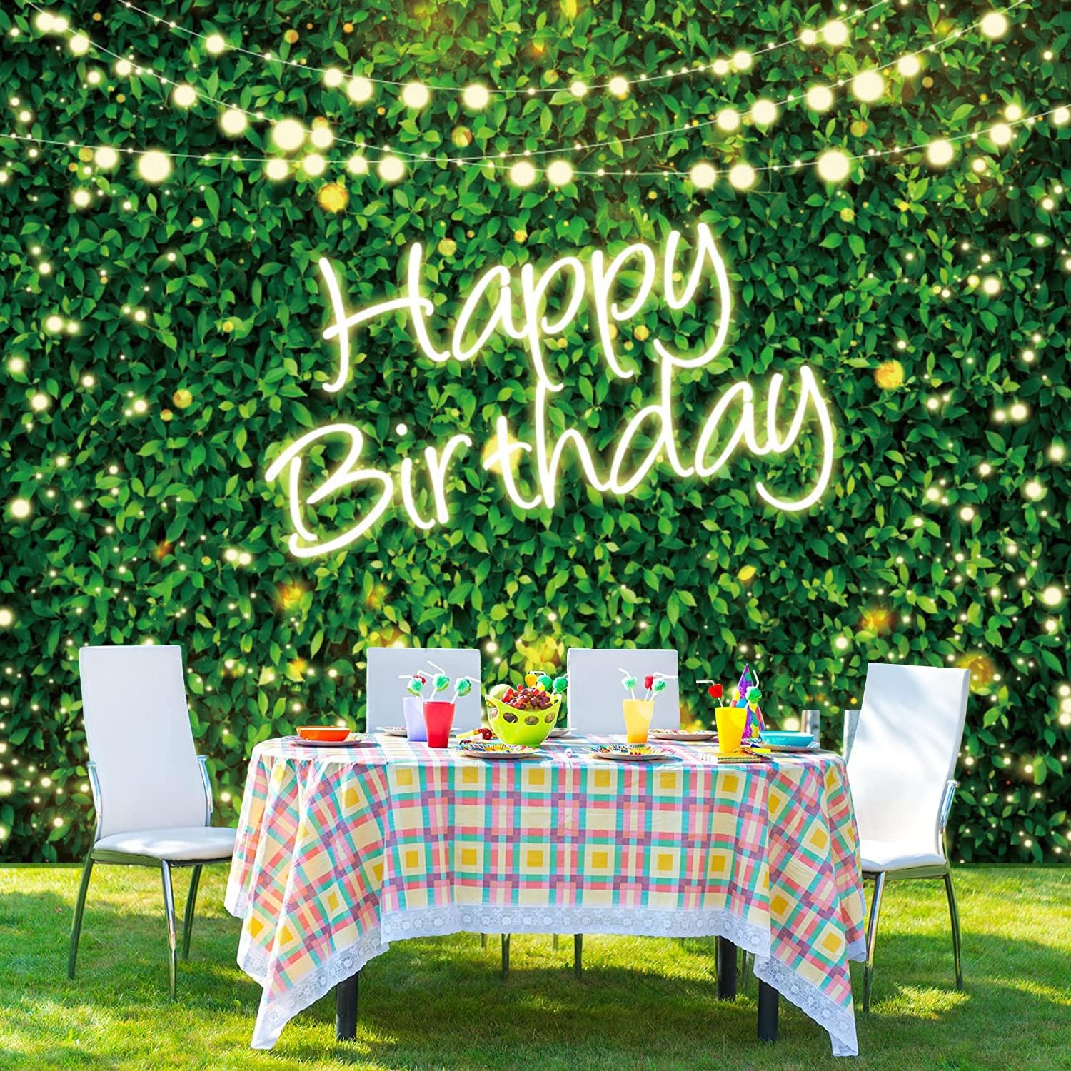 10x8FT Greenery Happy Birthday Backdrop Green Grass Spring Photo Background