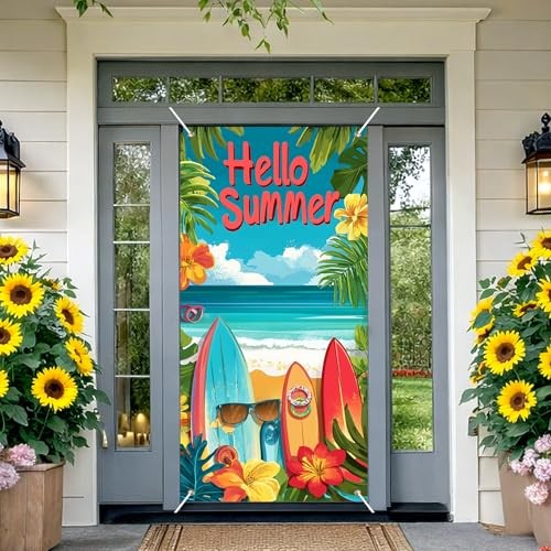 Hello Summer Beach Door Cover Backdrop – Vibrant, Blue, Green, Yellow