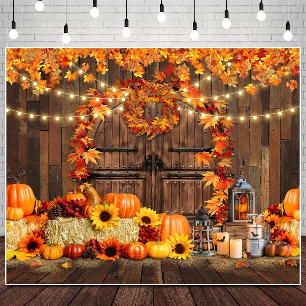 Fall Harvest Backdrop Fabric Wood Barn Thanksgiving Party Pumpkin 10×8 Ft