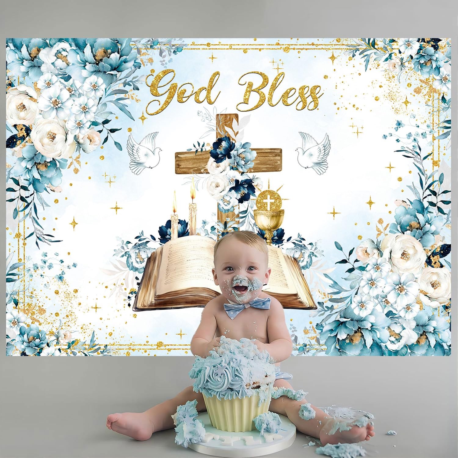 God Bless Backdrop 7x5FT First Holy Communion Baptism Blue Flower Cross Photo