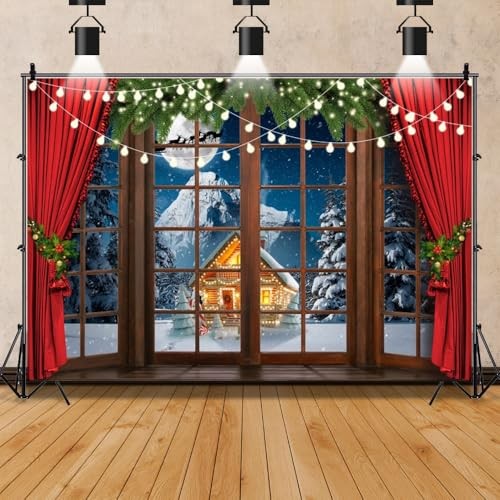 7x5ft Winter Snow Scene Christmas Window Photography Background with 7x5ft