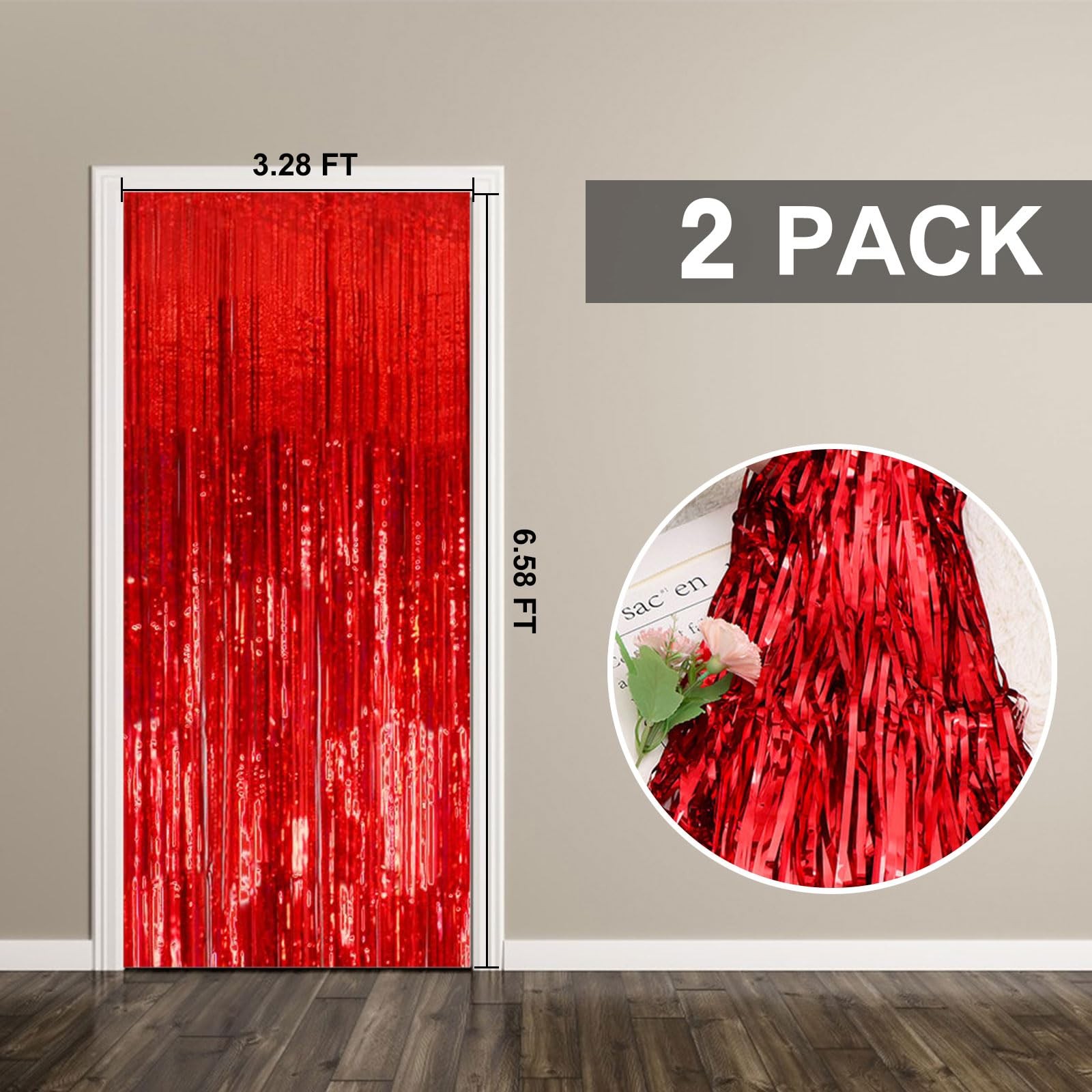 2 Pack Foil Curtain Backdrop Red Metallic Tinsel Fringe 2 PCS,