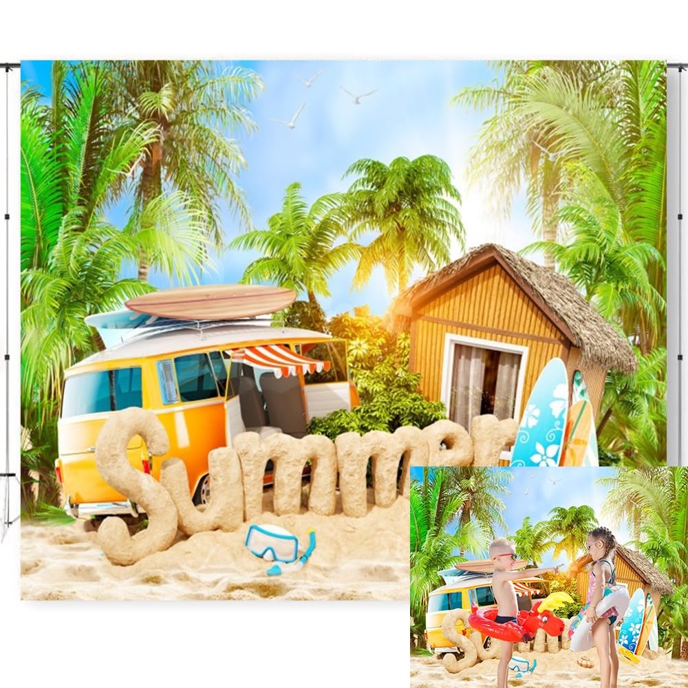 Summer Beach Backdrop Photography Tropical Palm Tree Surfboard 10×8 Ft Prop