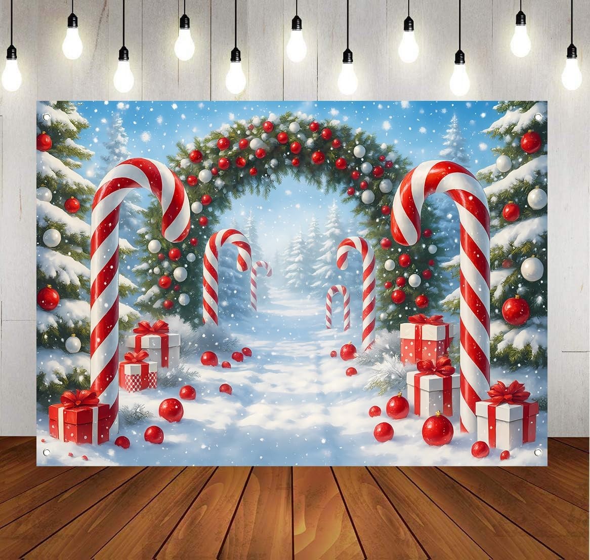 70.8”X47.2” Fabric Merry Christmas Cane Candy Photography Backdrop Winter Snow