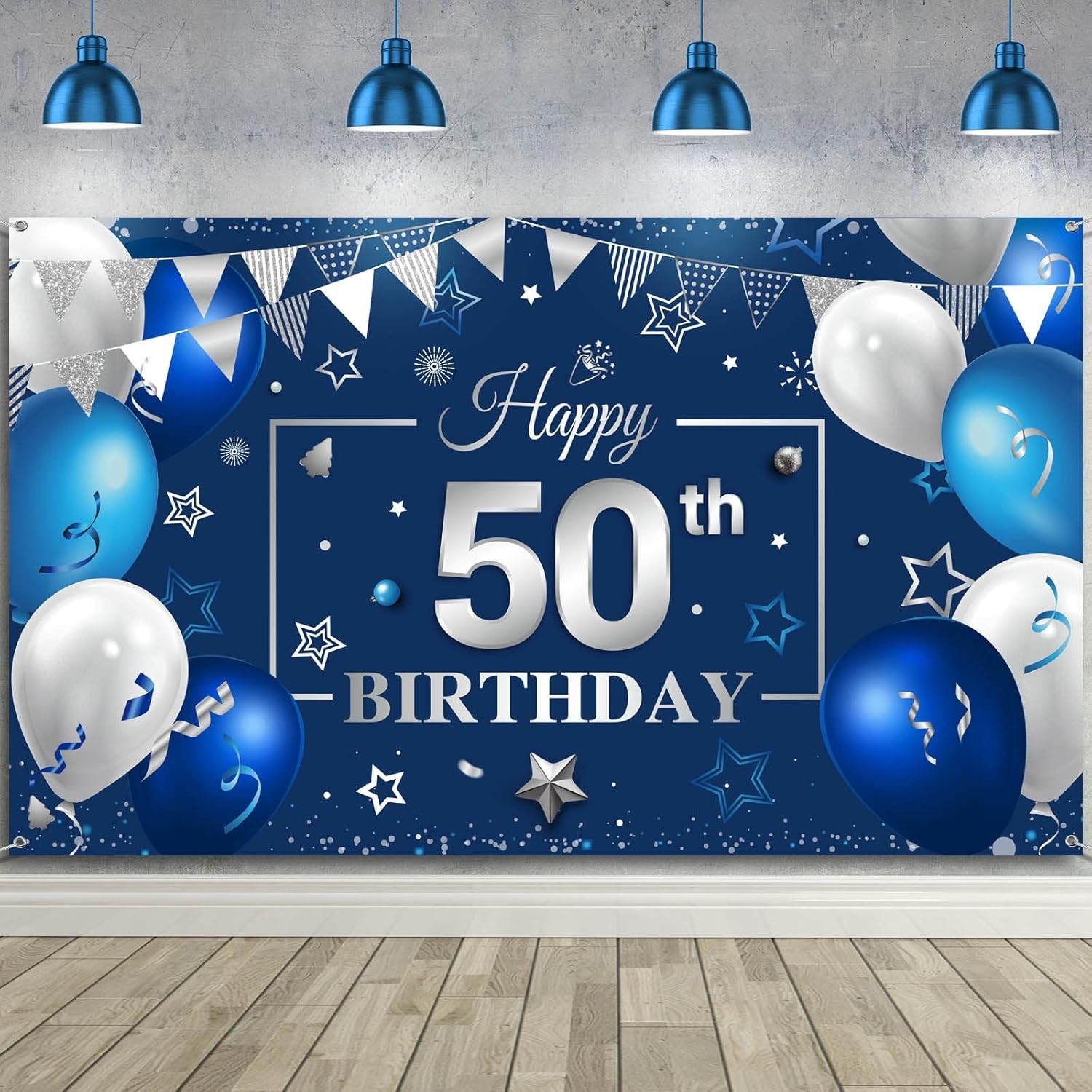 Tatuo Happy Birthday Party Decorations Navy Blue and 180 x 150 cm, 50th