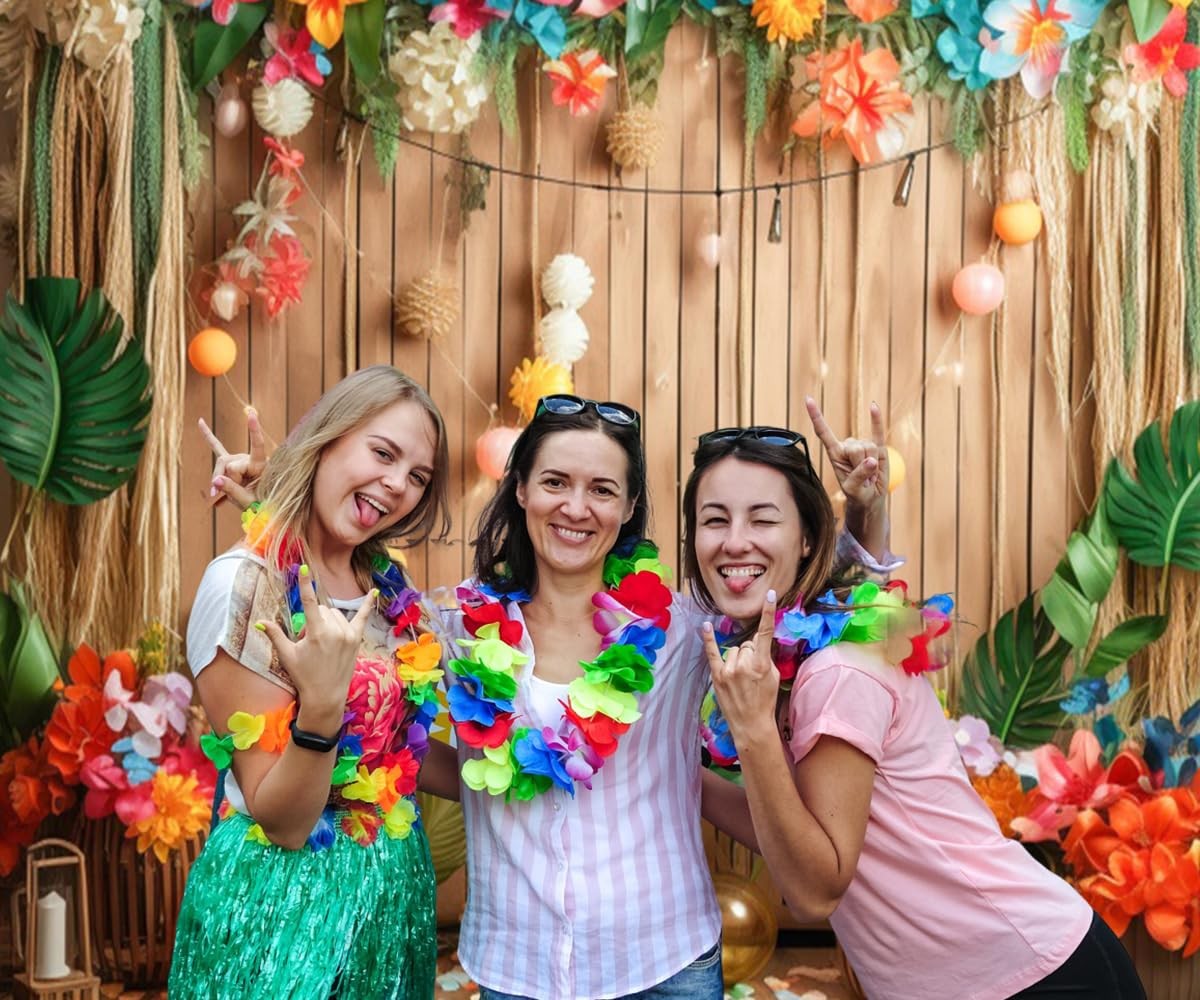 10×8 Ft Summer Hawaiian Luau Backdrop Photography Tropical Leaves Flower Props