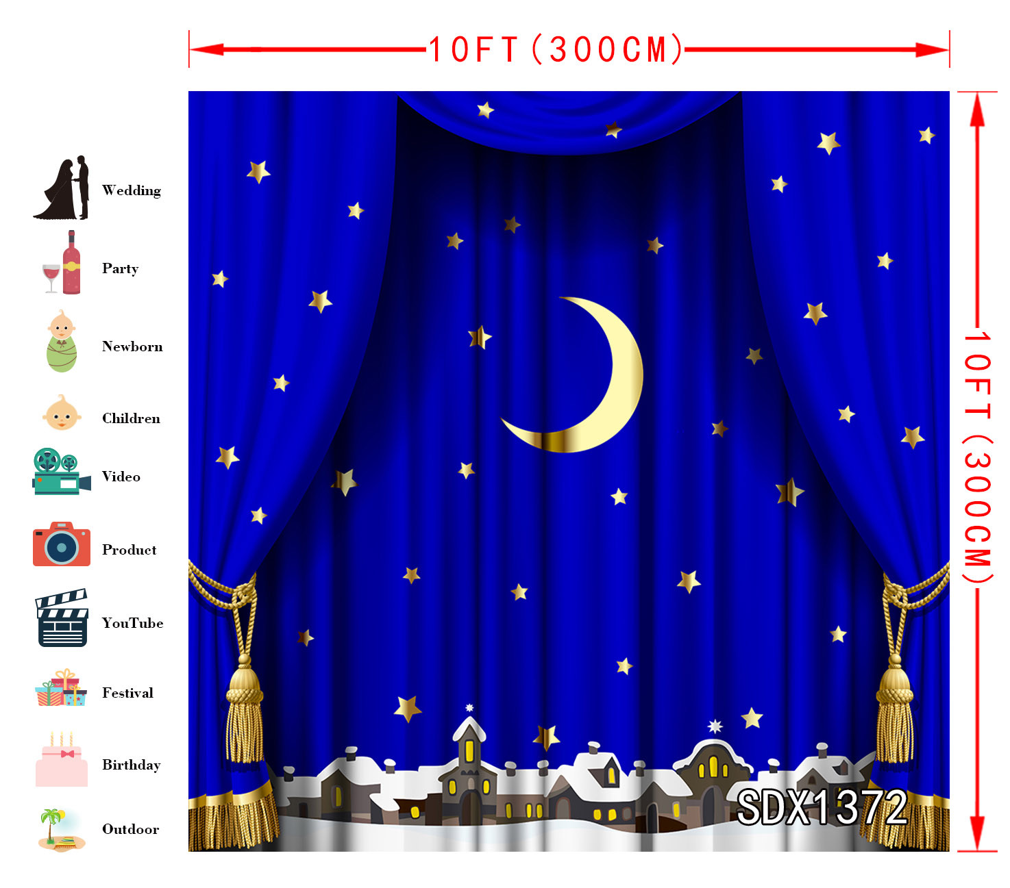 Blue Curtain Xmas Stage 10x10ft Vinyl Photography Studio Backdrop Background