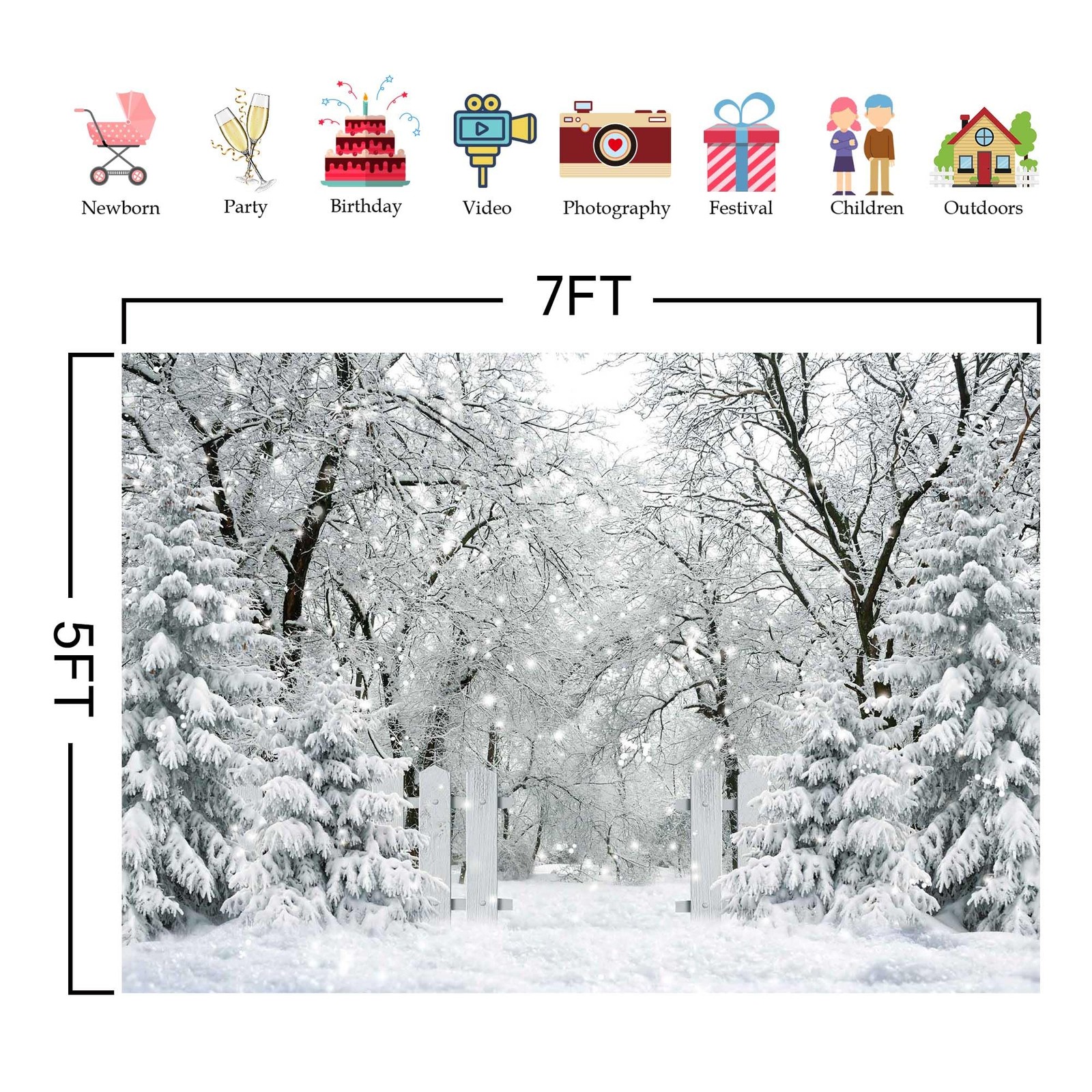 7x5FT White Winter Forest Scene Photography Backdrop Wonderland Snowflake Lan…