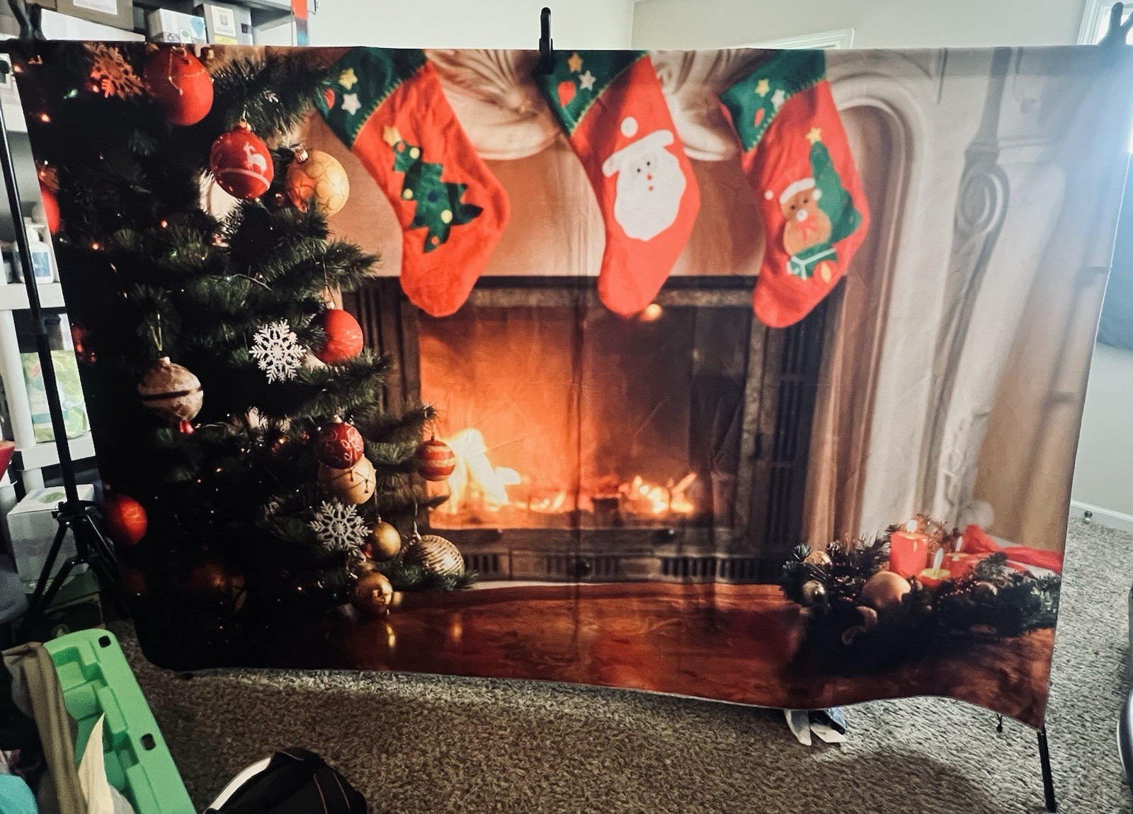 Christmas Fireplace Stockings Tree Winter/Snow Polyester Washable Backdrop 7×5