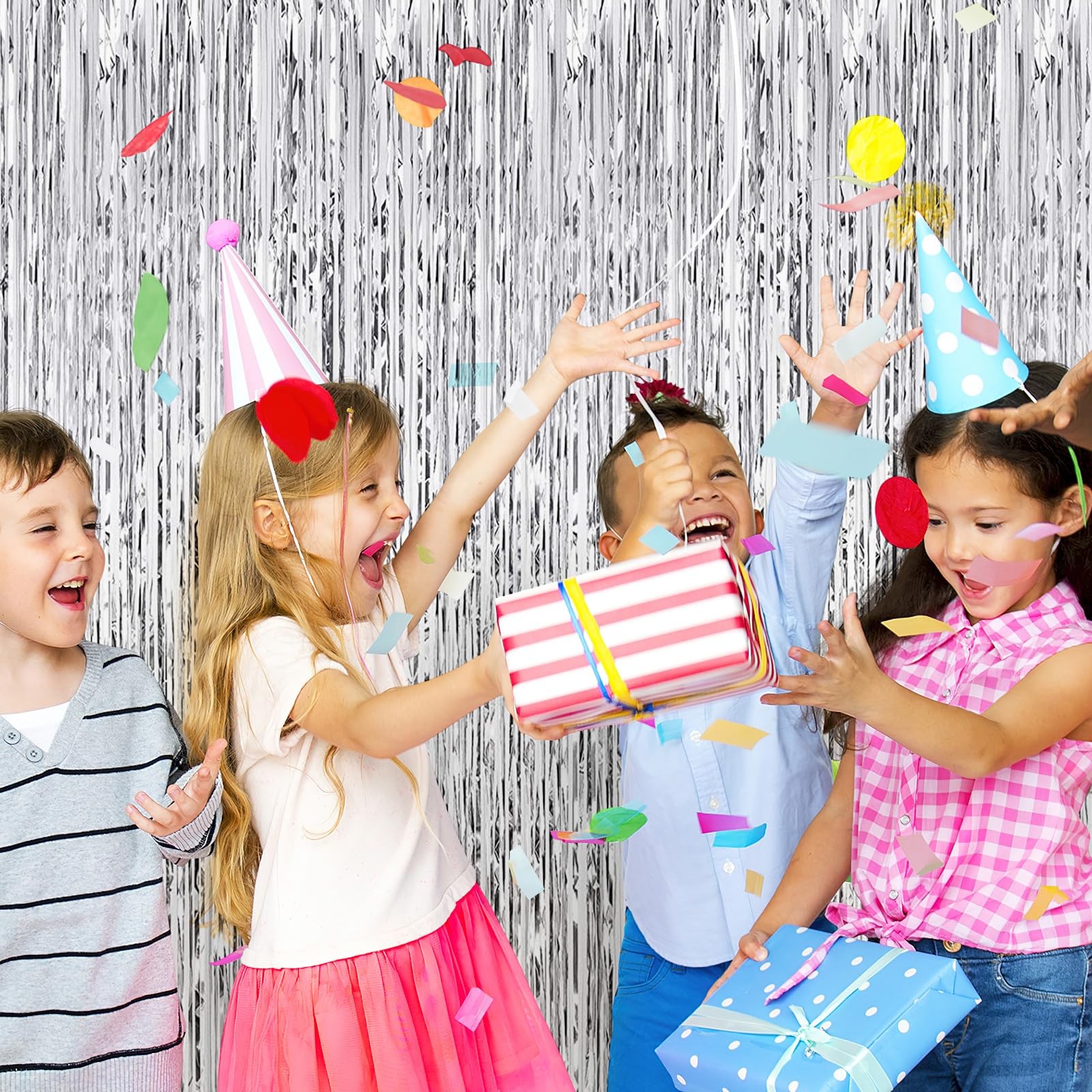 3.2×9.8ft Silver Foil Fringe Metallic Tinsel Curtains Photo Backdrop 20 PCS