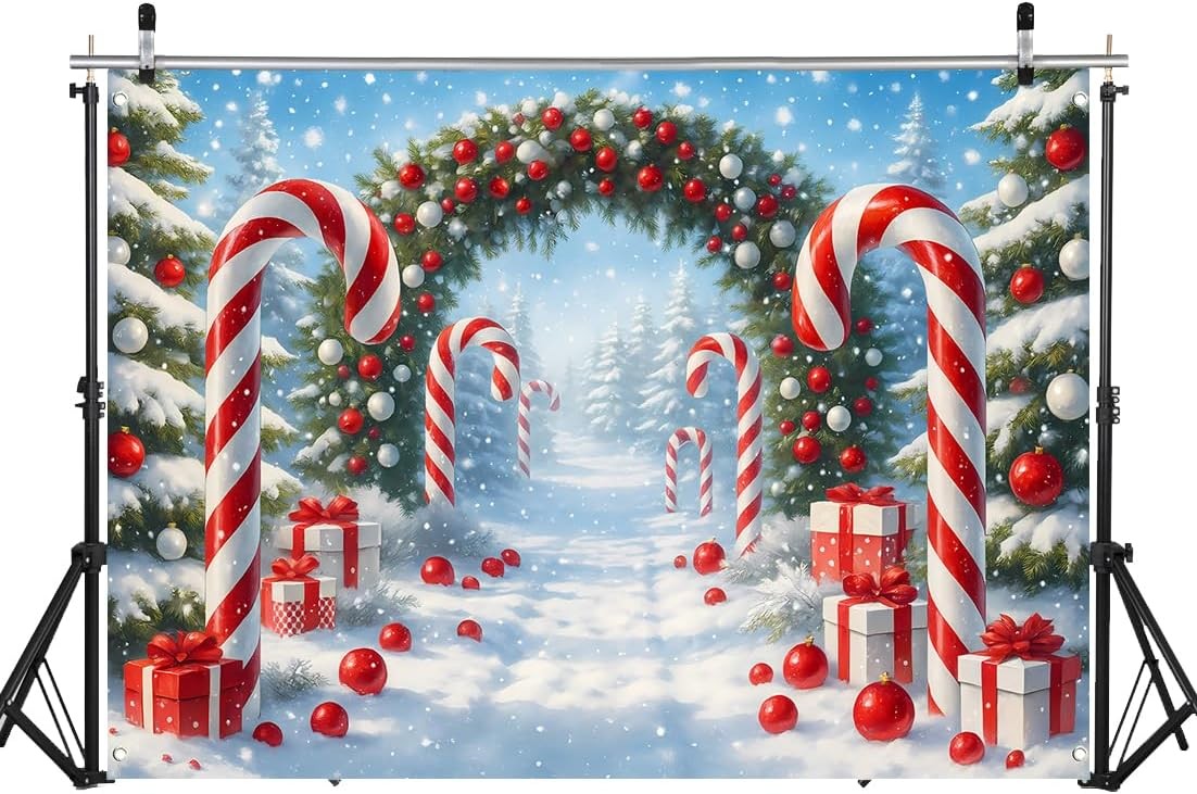 70.8”X47.2” Fabric Merry Christmas Cane Candy Photography Backdrop Winter Snow