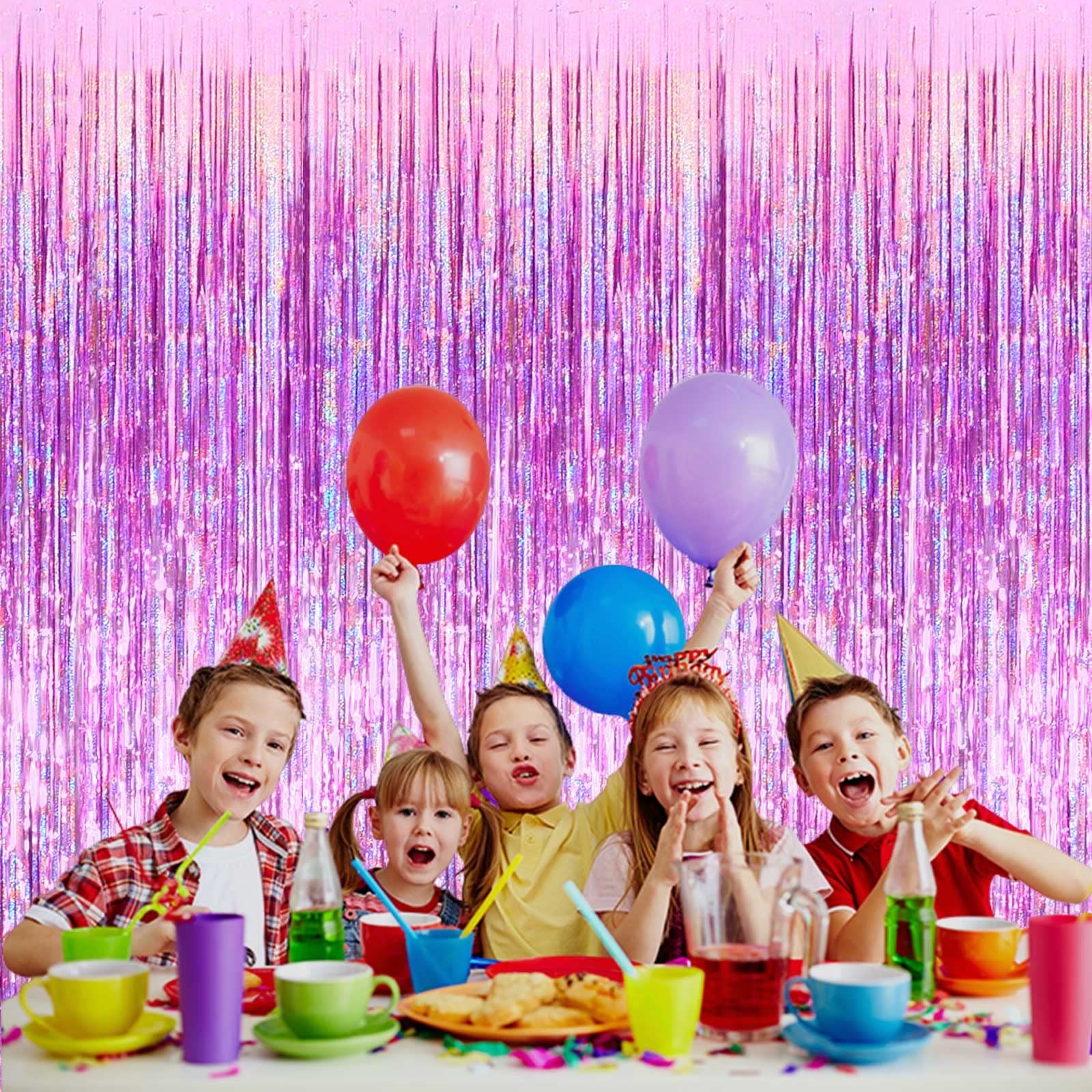 Pink Foil Fringe Curtain Backdrop 3.28×8.2 Ft Metallic Tinsel Streamer 4 PCS