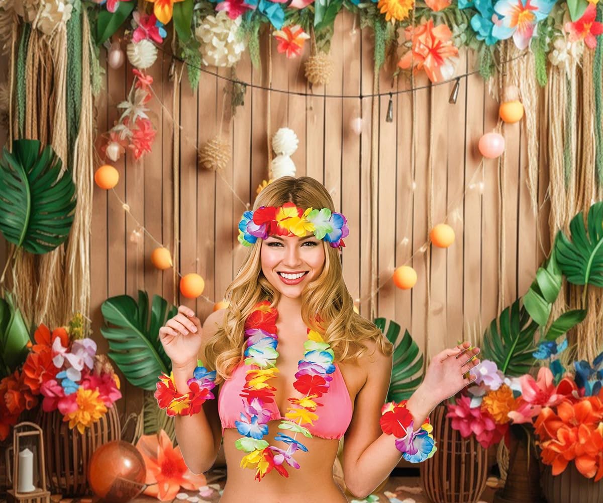 10×8 Ft Summer Hawaiian Luau Backdrop Photography Tropical Leaves Flower Props