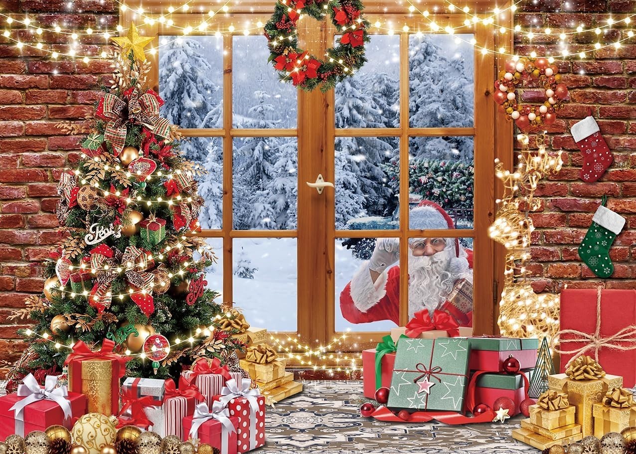 Christmas Window Backdrop Winter Snow Scene Santa Claus Xmas Tree 7x5FT New