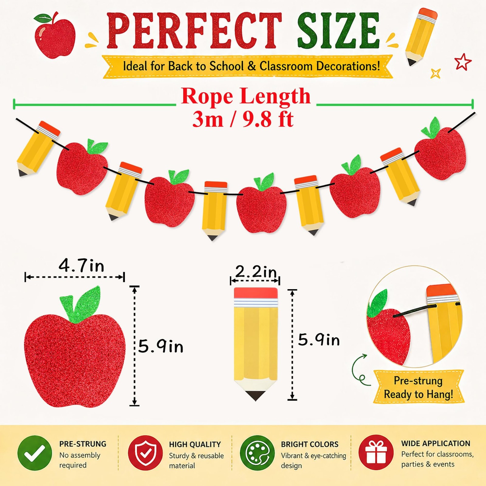 2 Pieces Pencil Apple Banner for Back to School Decorations, First Day of Sch…