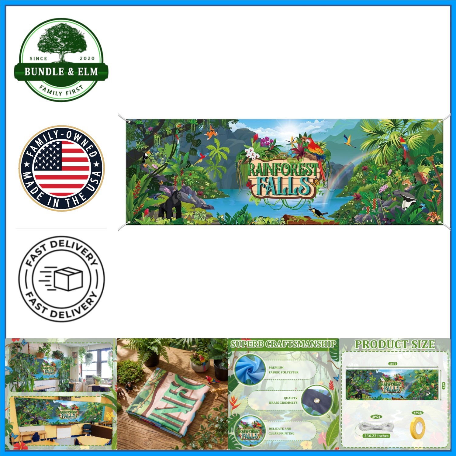 Multicolored Rainforest Scene Photography Backdrop for Party Events 18 x 6 Ft