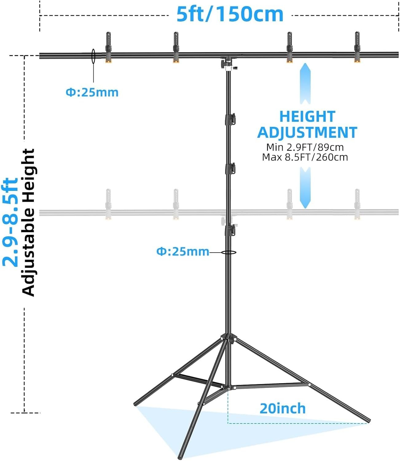 Lightweight 8.5ft Backdrop Stand with 4 Spring Clamps – Easy Set Up & Transport