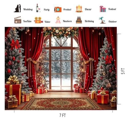 Red Window Background – 7x5FT Christmas Backdrop – Winter Snow – Snow Tree