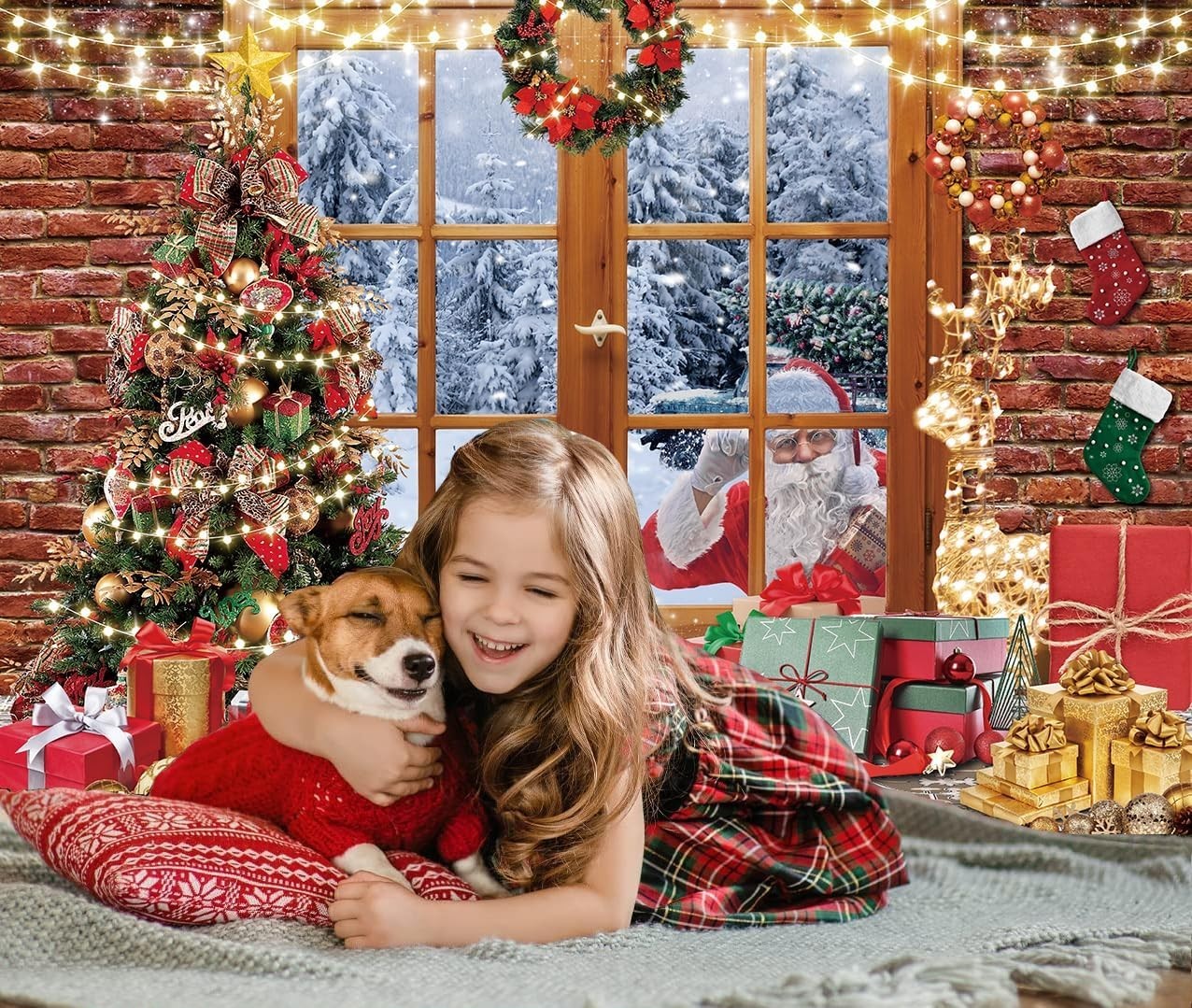 Christmas Window Backdrop Winter Snow Scene Santa Claus Xmas Tree 7x5FT New