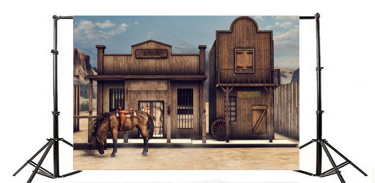 Yeele 10x8ft Vintage Western Wooden House Backdrop Retro Western Bank Horse B…