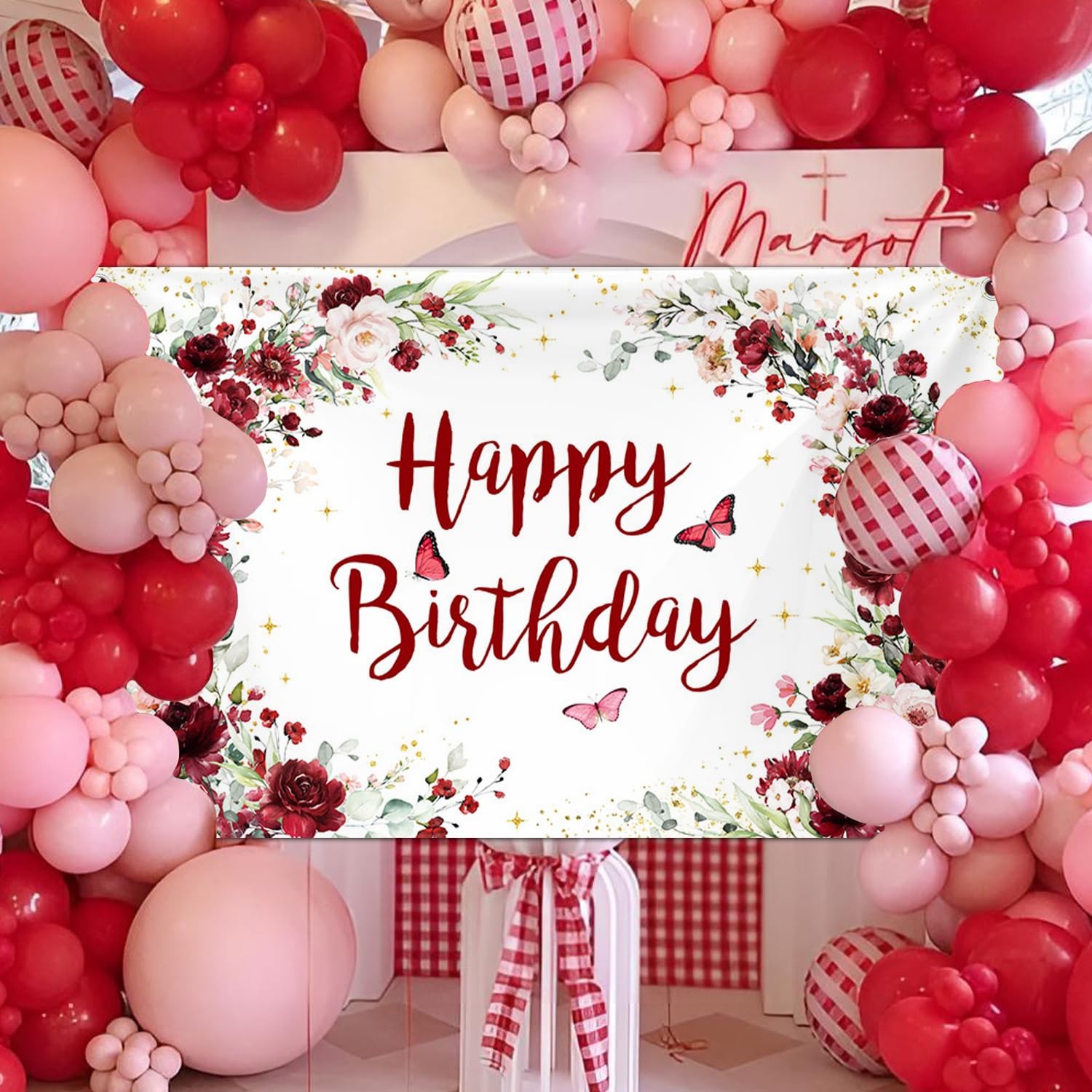 Happy Birthday Backdrop for Women Flower Photography Background Red Floral