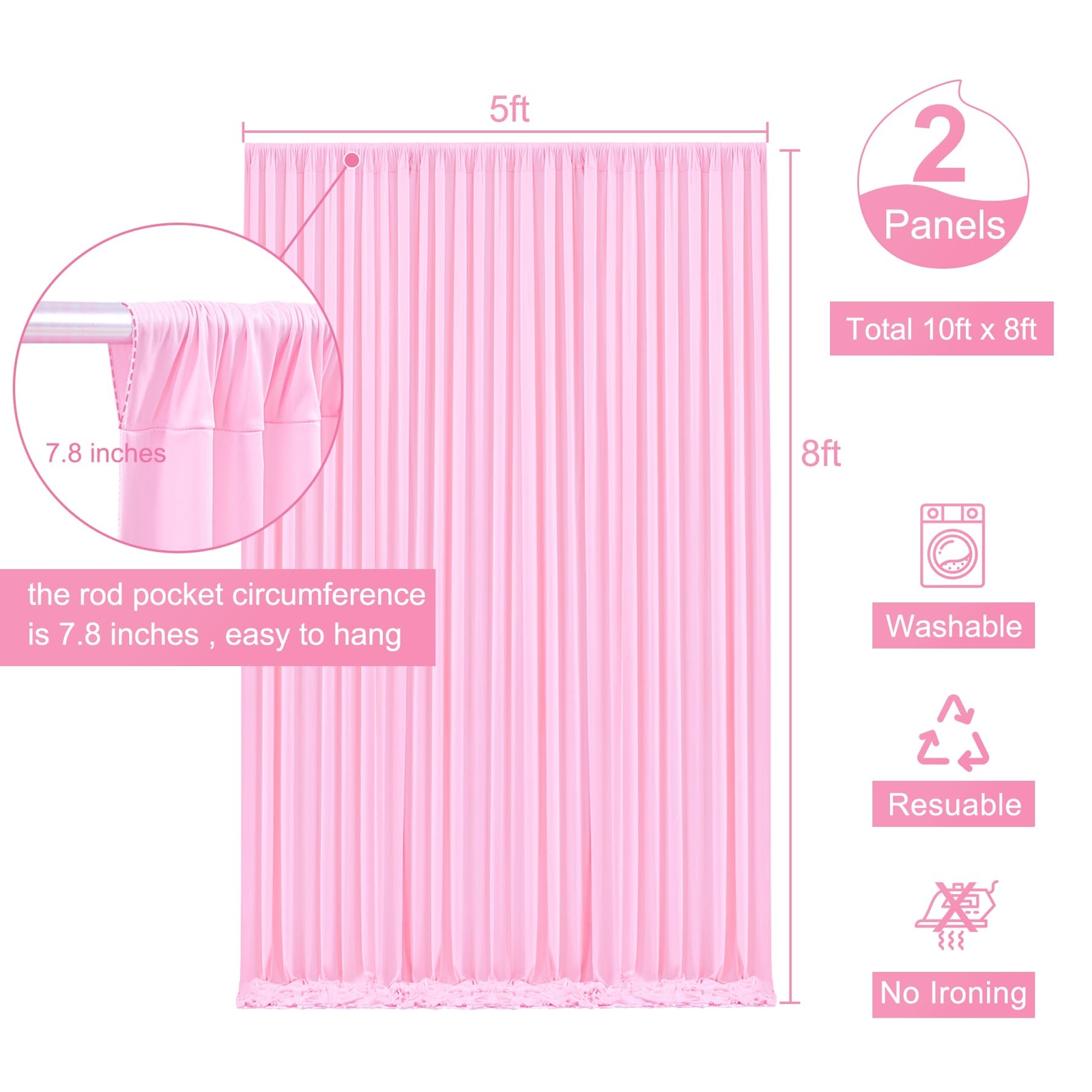 5ft x 8ft Pink Backdrop Curtains for Weddings/Parties 2 Panels Wrinkle-Free