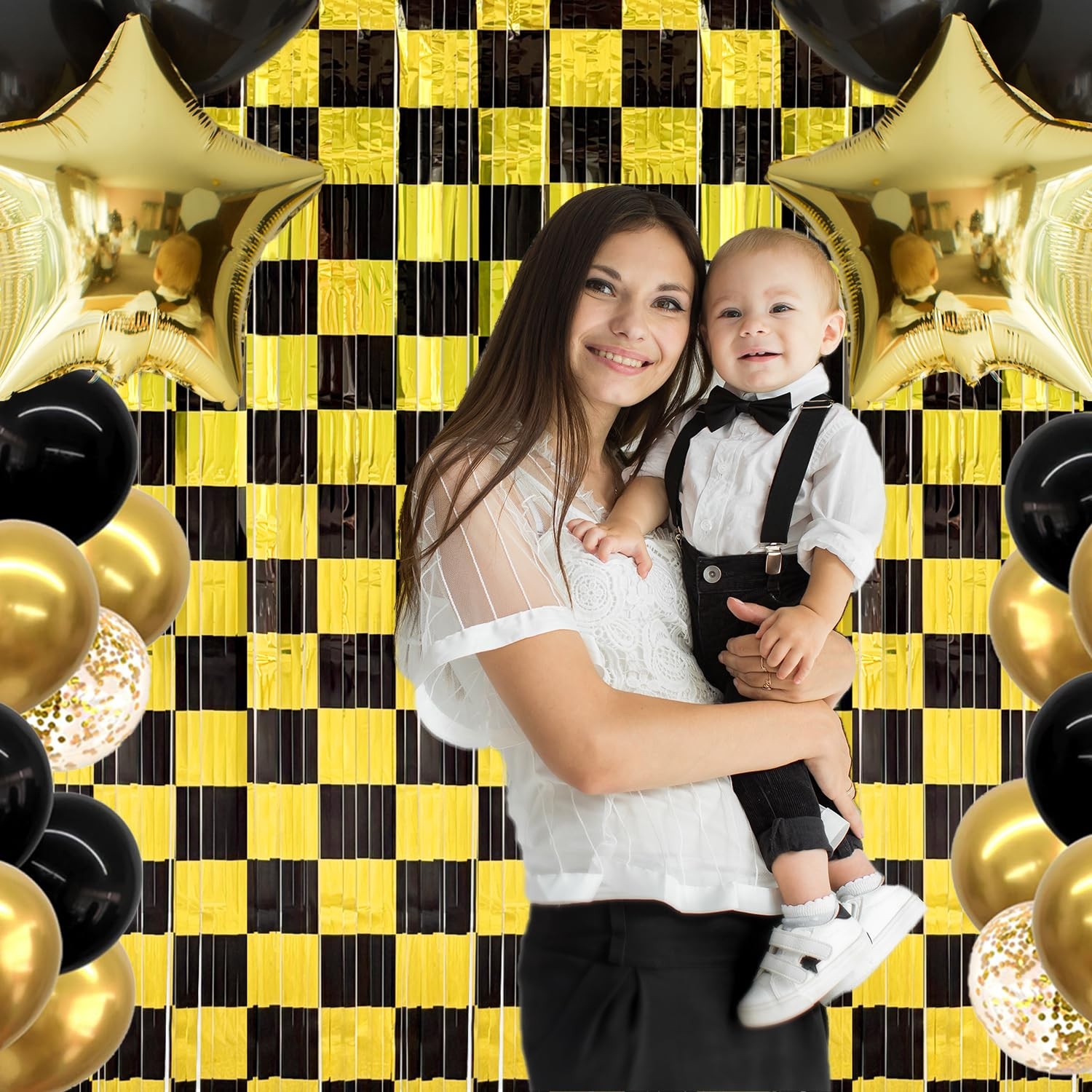 Black and Gold Birthday Party Decorations, 2 Pack Foil Fringe Curtains Stream…