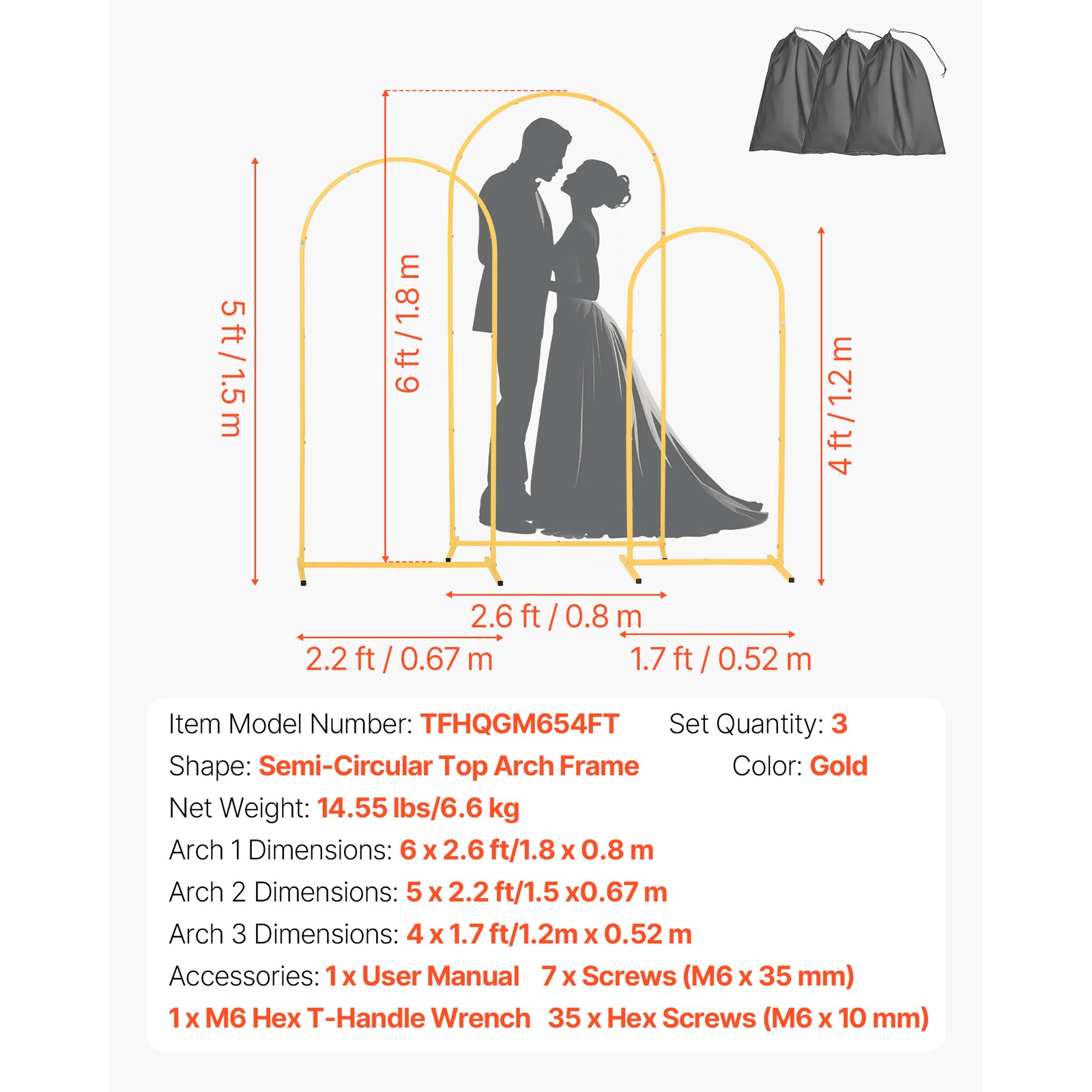 Gold Metal Arch Backdrop Stand Set of 3 (6/5/4 ft) for Wedding Party
