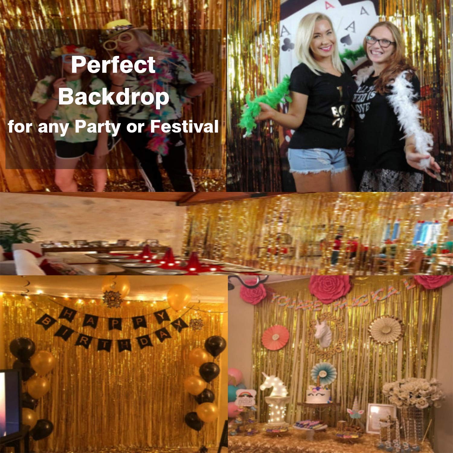 GOER 3.2 ft x 9.8 Metallic Tinsel Foil Fringe Curtains Party 1 Pack, Gold