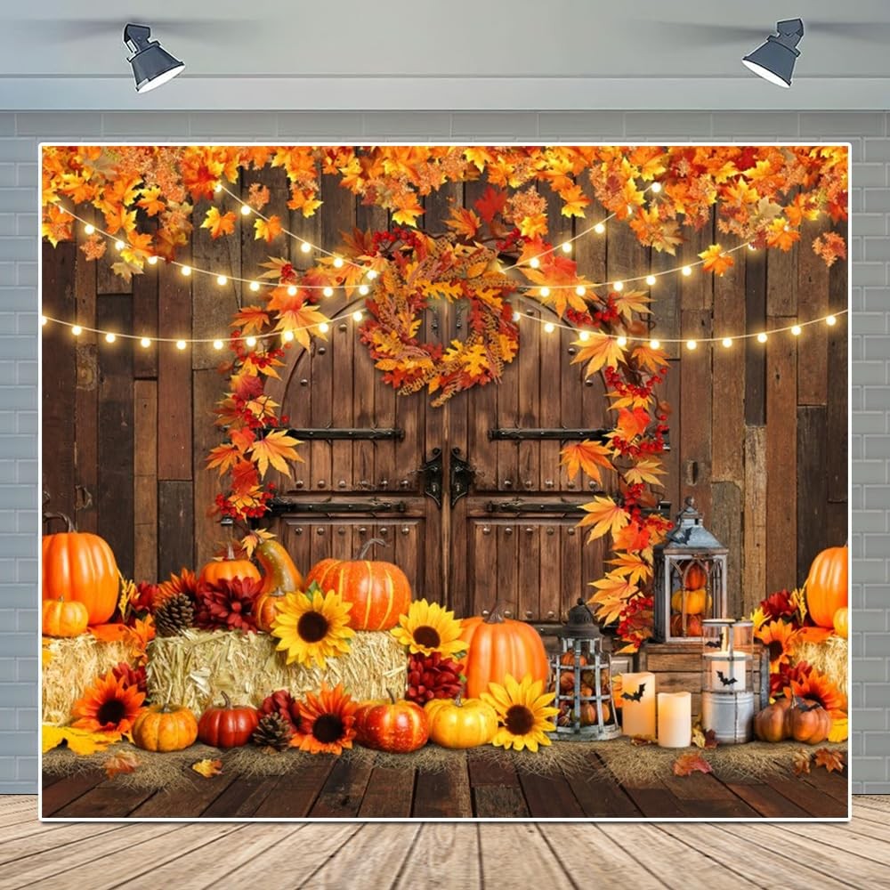 Fall Harvest Backdrop Fabric Wood Barn Thanksgiving Party Pumpkin 10×8 Ft