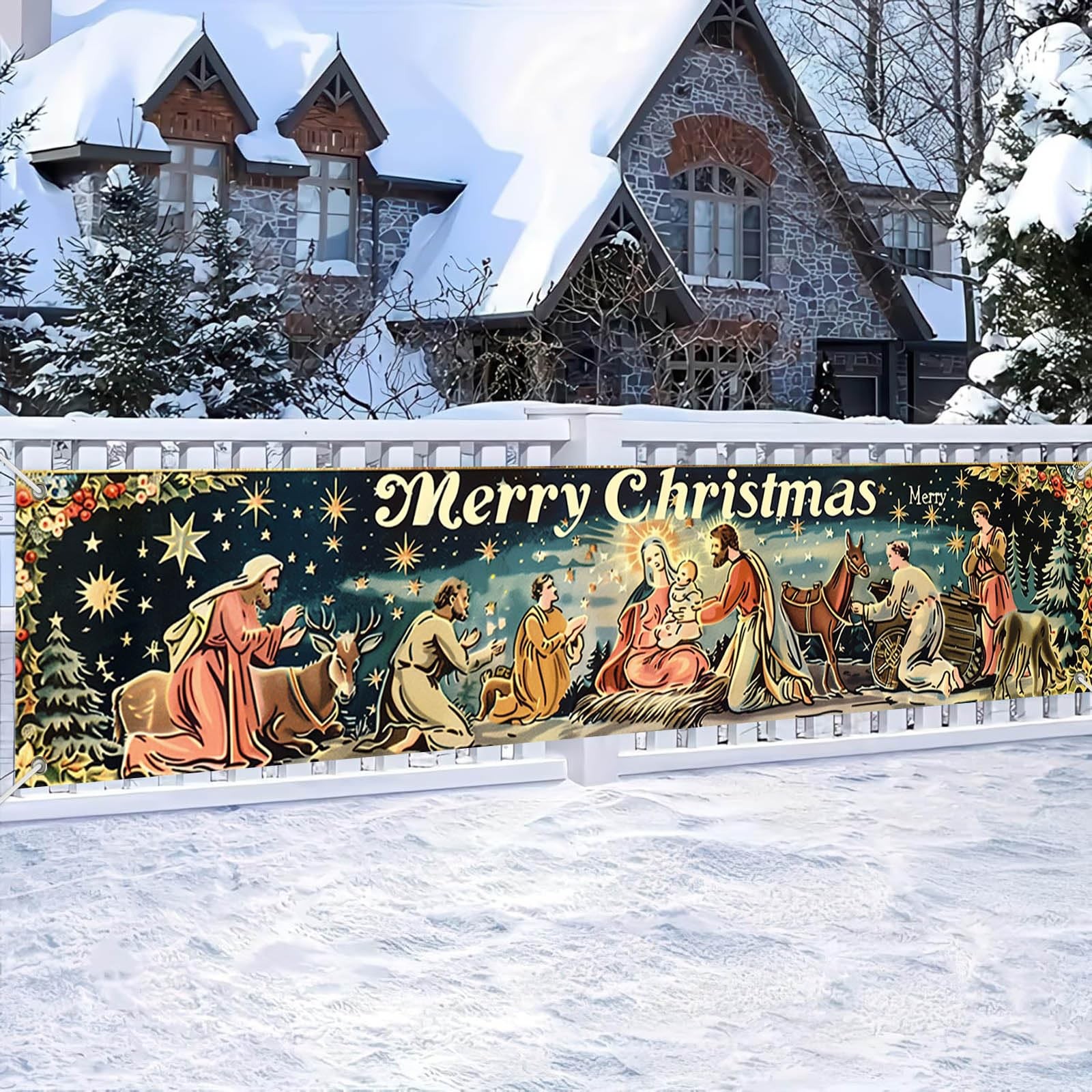 BlissYard Large Merry Christmas Banner 78×18 Inch Nativity Christmas#2