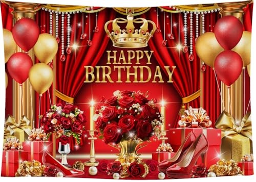 Red and Gold Birthday Backdrop for Happy Birthday Party Decorations, 5x3FT