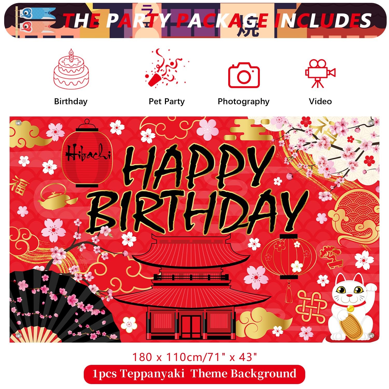 Hibachi Happy Birthday Backdrop Japanese Party Photo Background 71×47 In
