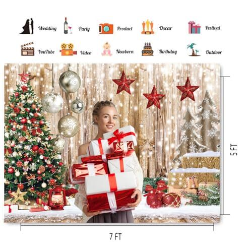 7X5FT Christmas Backdrop Wood Floor Backdrop Winter Snow Xmas Tree Gift 7′x5′