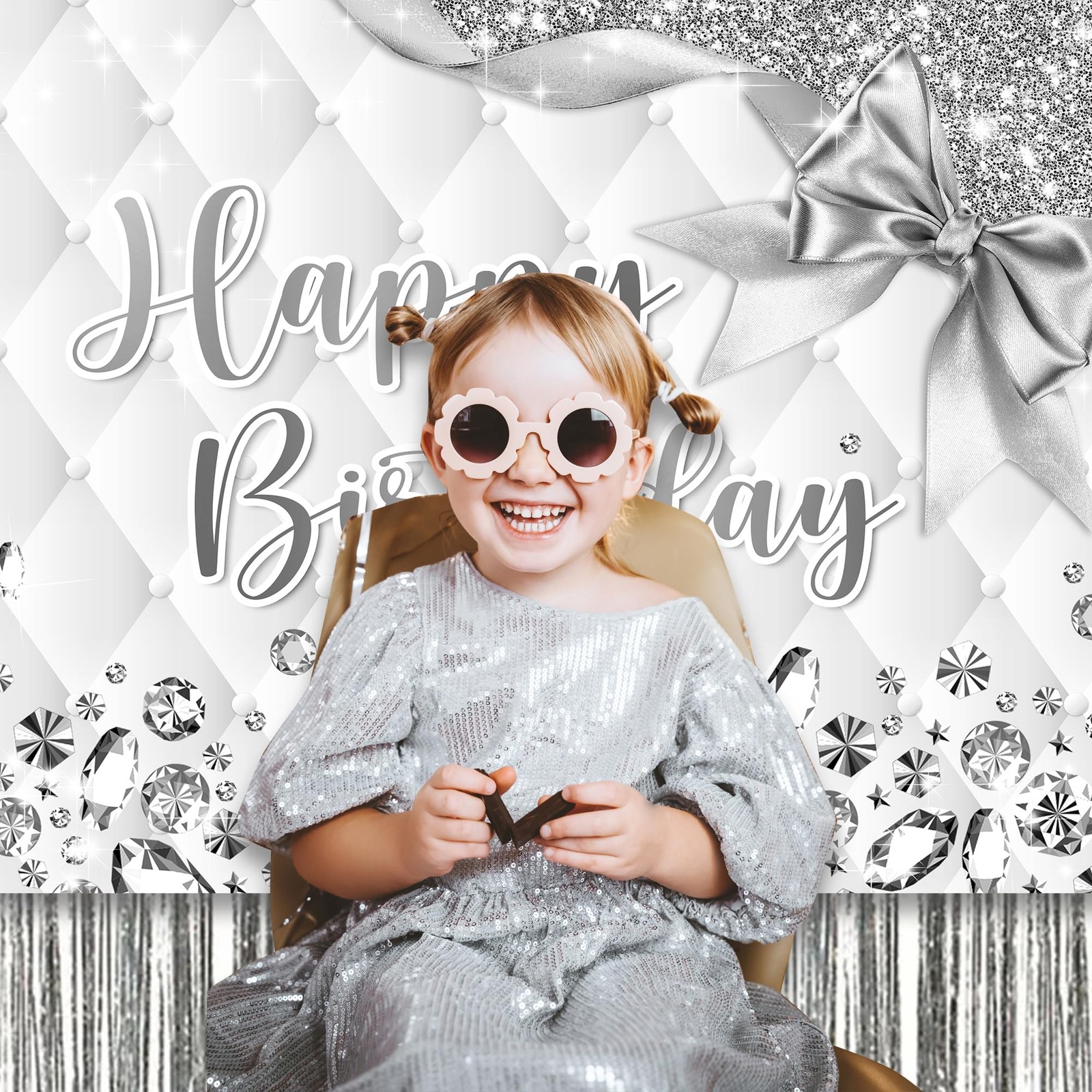 White and Silver Birthday Backdrop 7Wx5H Photography Happy Birthday Backdrop