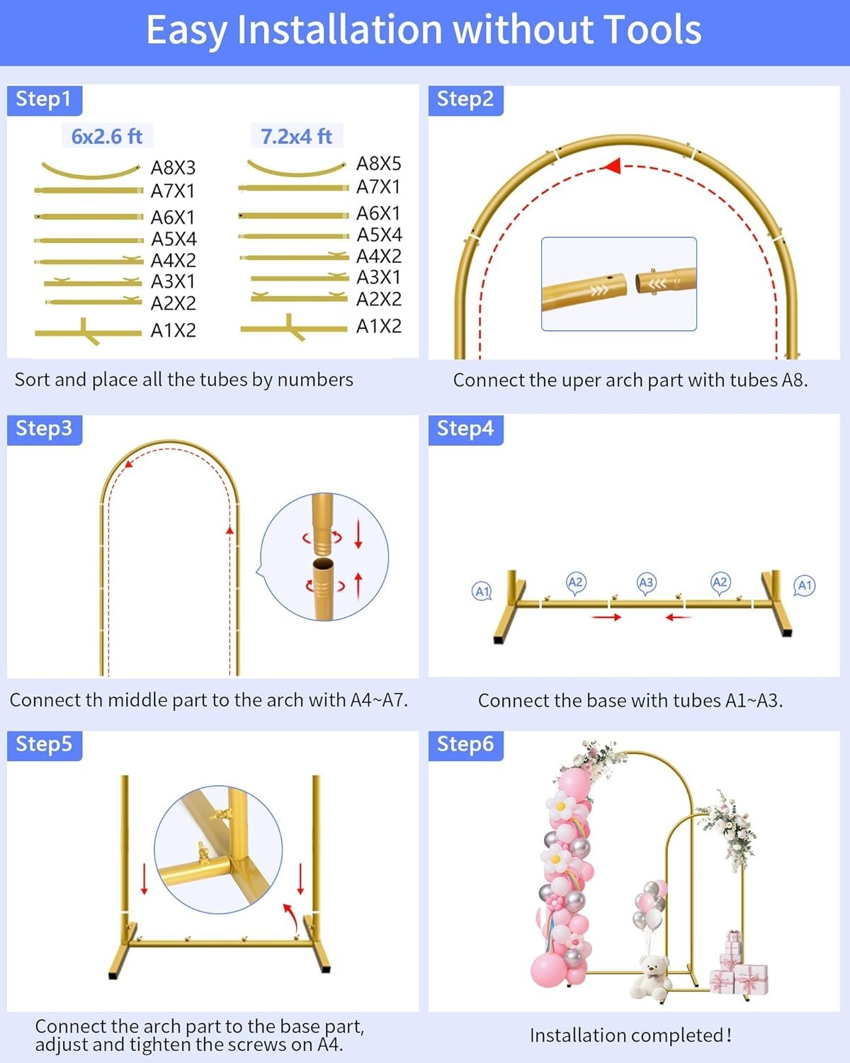 NEW Metal Arch Backdrop Stand Set 7.2ft 6ft Wedding Frame Gold