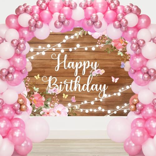 Happy Birthday Backdrop for Women Rustic Wooden Pink Floral Butterfly 7x5Ft S1