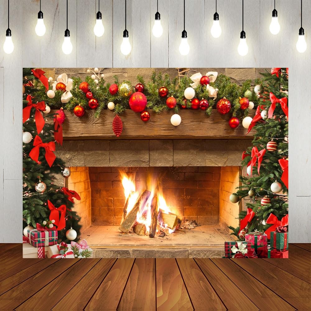 Lofaris Christmas Fireplace Backdrop Winter Xmas Tree Colorful 7x5ft, golden