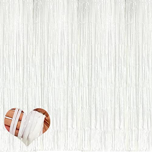 4 Pack White Fringe Curtain Backdrop, 3.2Ft x 6.6Ft Metallic Macaron White