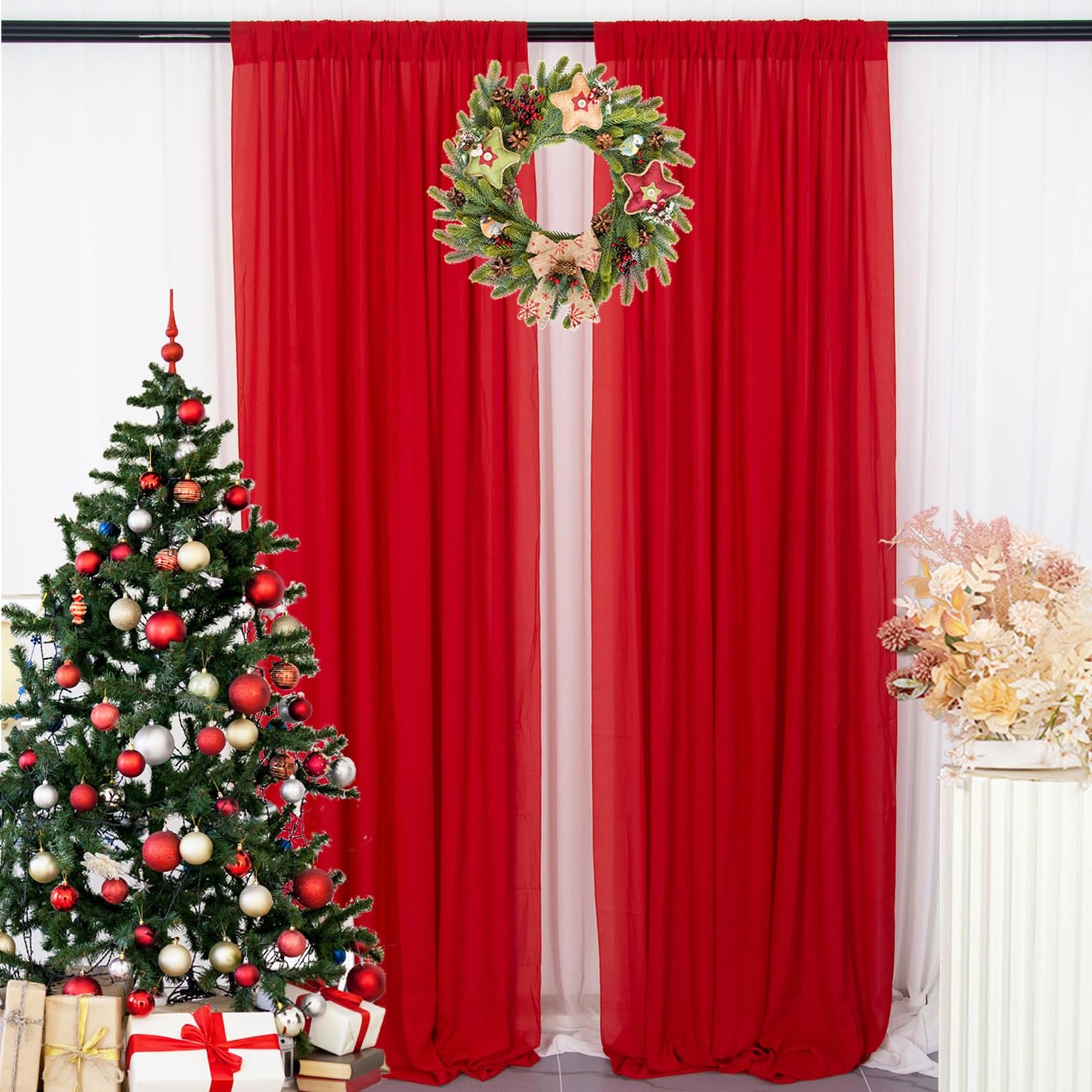 2 PCS Red Chiffon Backdrop Curtain 29×96 Inch Wedding Background Drapes Set