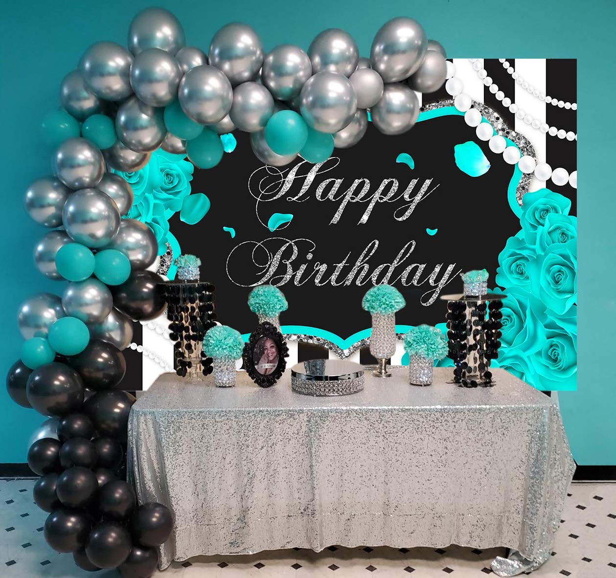 7x5FT Turquoise Floral Birthday Backdrop Black White Stripes Teal Background