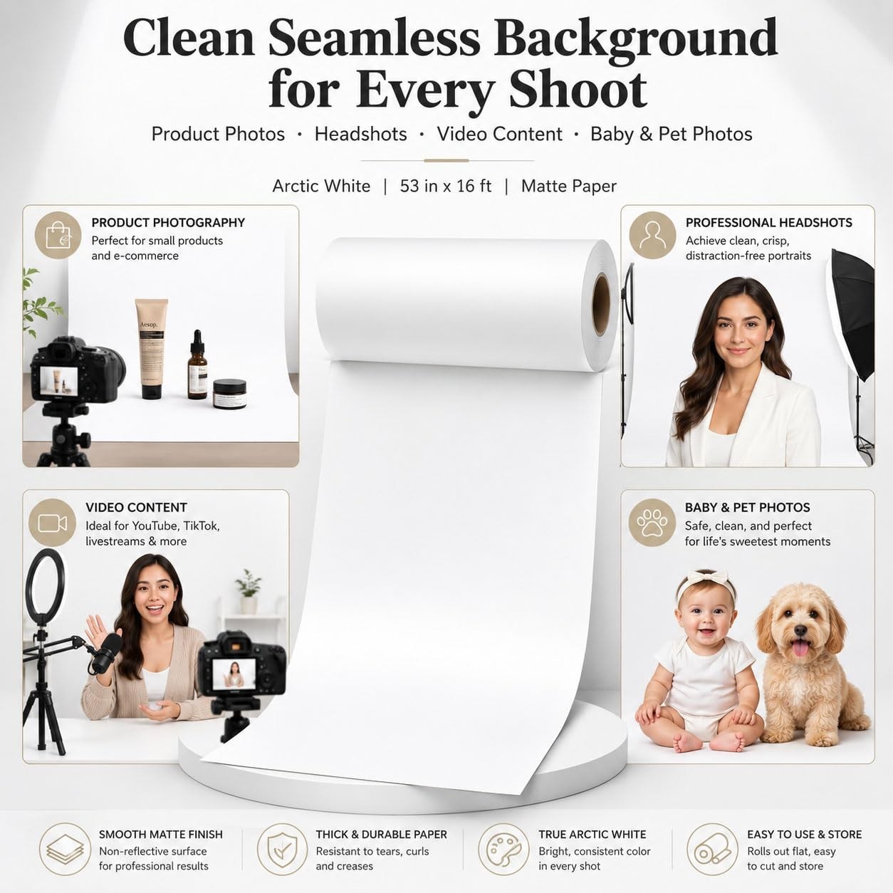 Seamless Grey Backdrop Paper Roll 53″x16.4″ – Heavyweight Matte for Studio & Pro