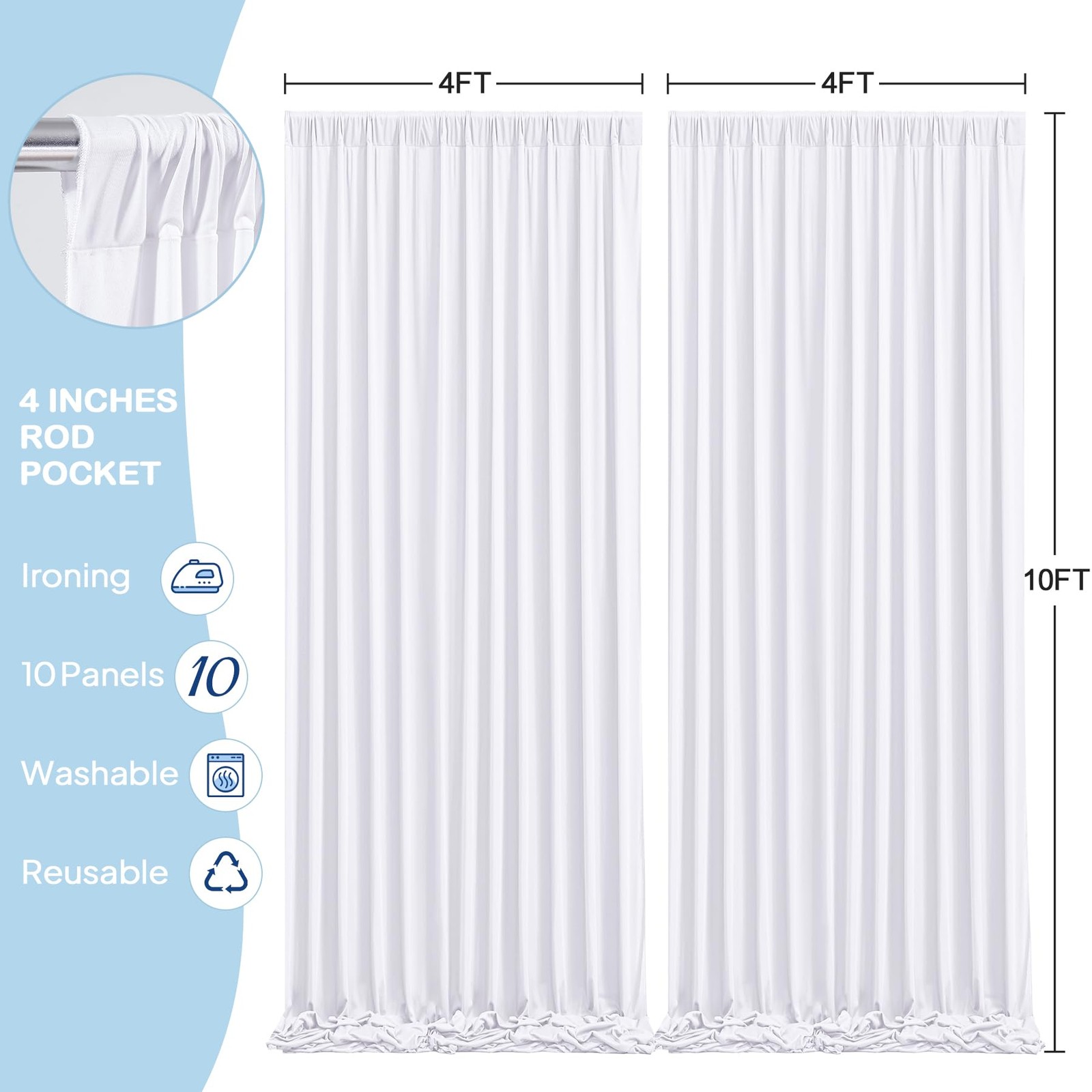 10 Panels White Backdrop Curtains – Wrinkle Free W4′ x H10′(10 panels),