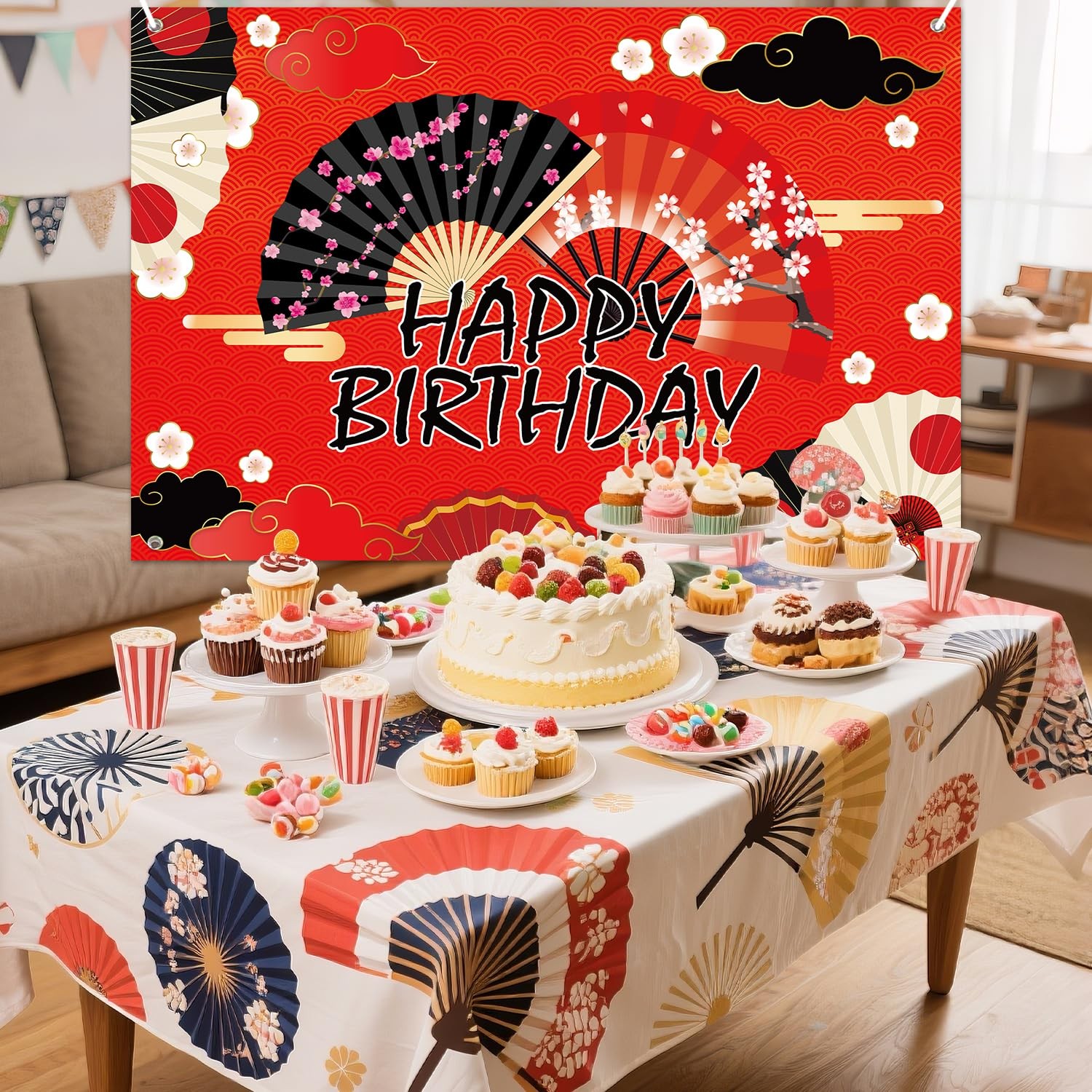 Folding Fans Party Decoration Supplies – Hibachi Happy Birthday Backdrop, Fol…