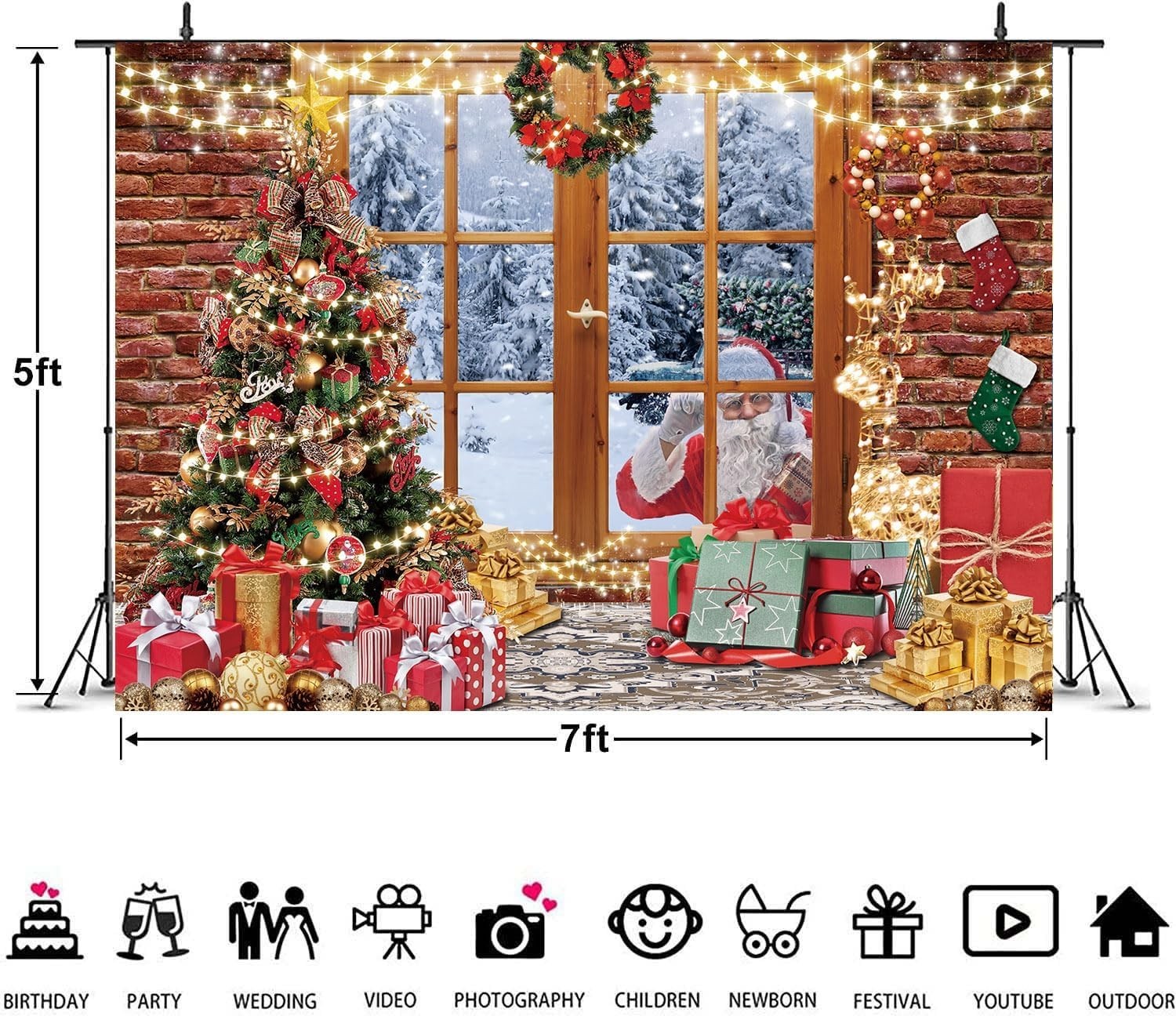 Christmas Window Backdrop Winter Snow Scene Santa Claus Xmas Tree 7x5FT New