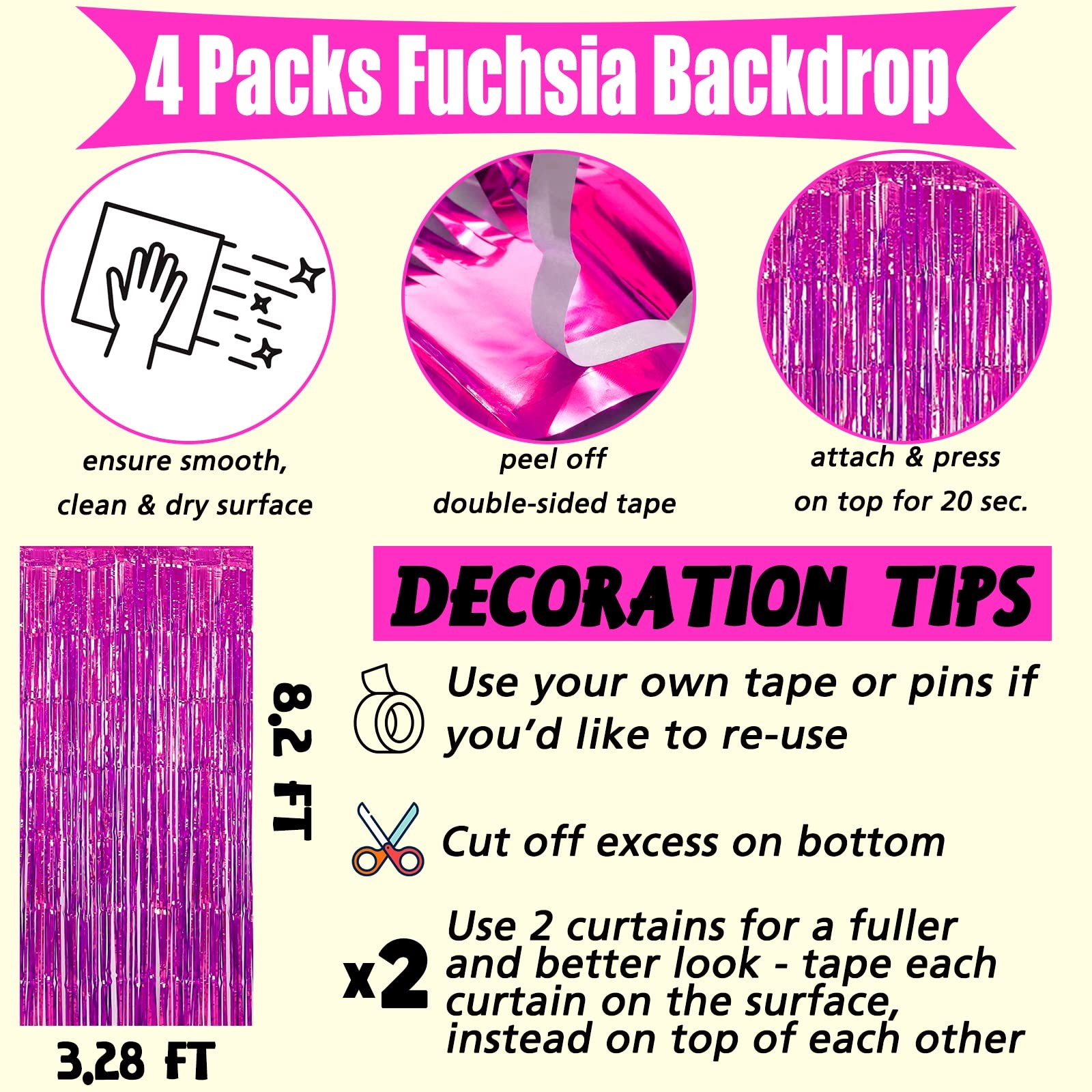 4 PCS Fuchsia Metallic Tinsel Foil Fringe Curtain Backdrop Party 3.2×8.2 Ft