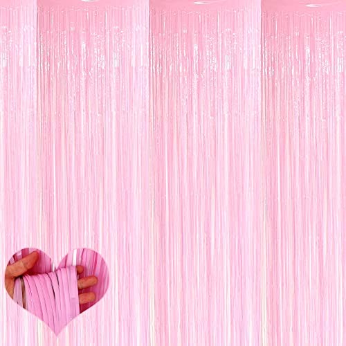 4 Pack Fringe Curtain Backdrop, 3.2Ft x 6.6Ft Pink Metallic Tinsel Macaron Pink