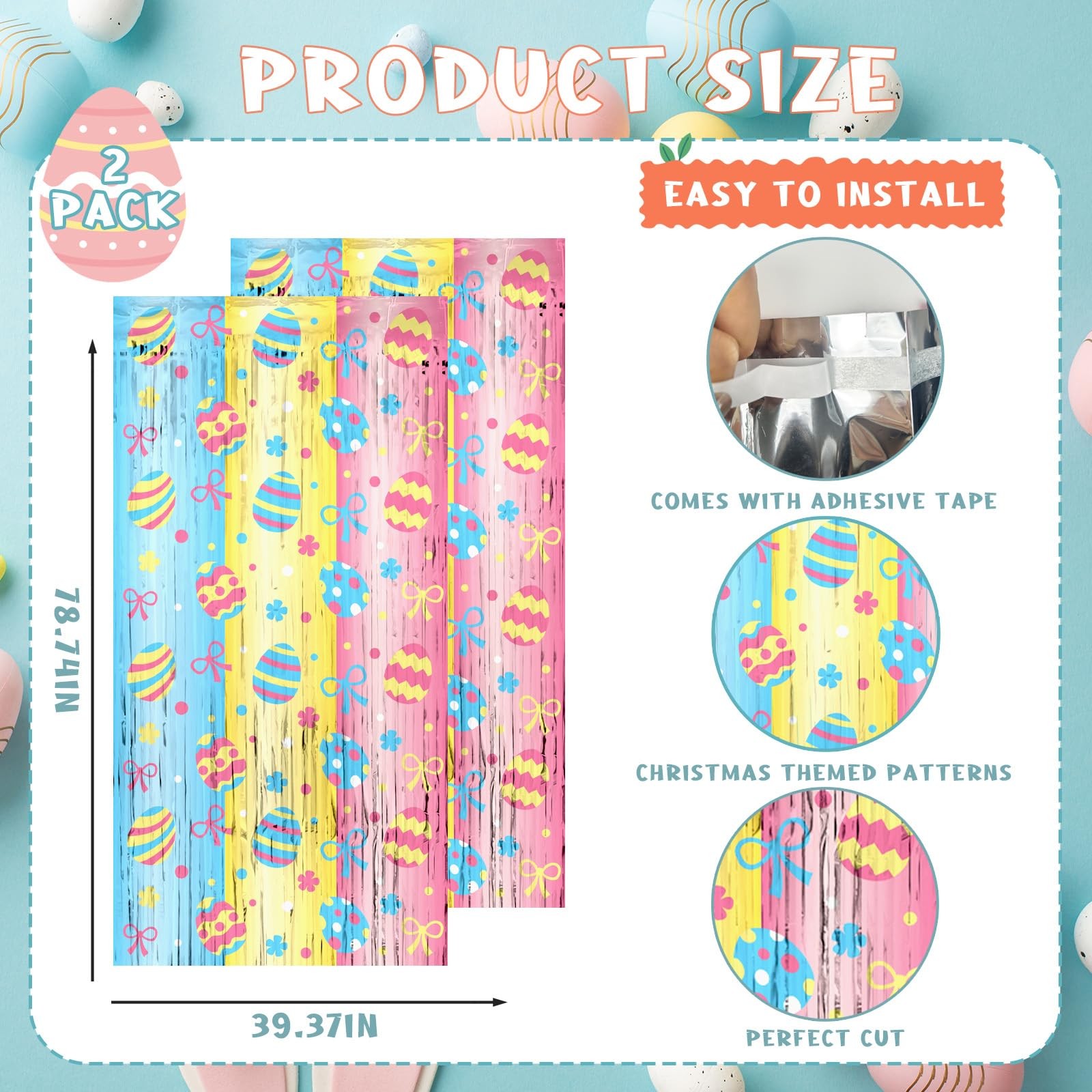Yquqwn 2 Pack Easter Foil Fringe Curtain 3.3×6.6ft 3.25 ft x 6.5 ft,