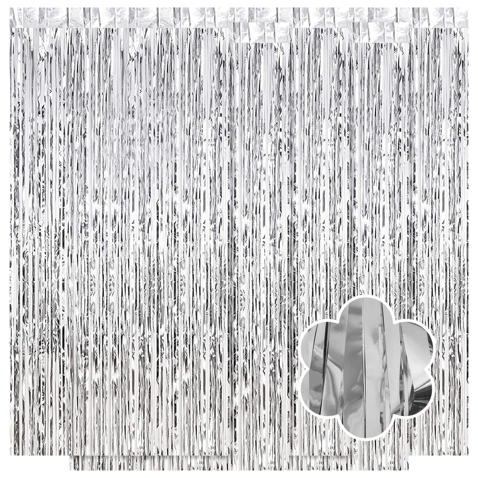 Silver Foil Curtain Backdrop 3.2×9.8 Ft Metallic Tinsel Fringe 5 PCS